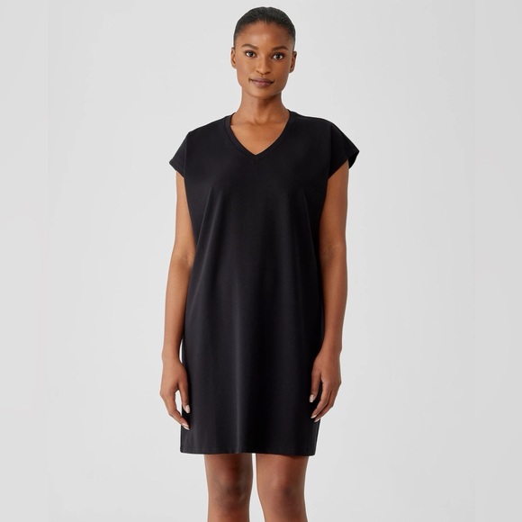 EILEEN FISHER XL Pima Cotton Stretch Jersey V-Neck Dress in Black • Casual Comfy - Picture 9 of 12